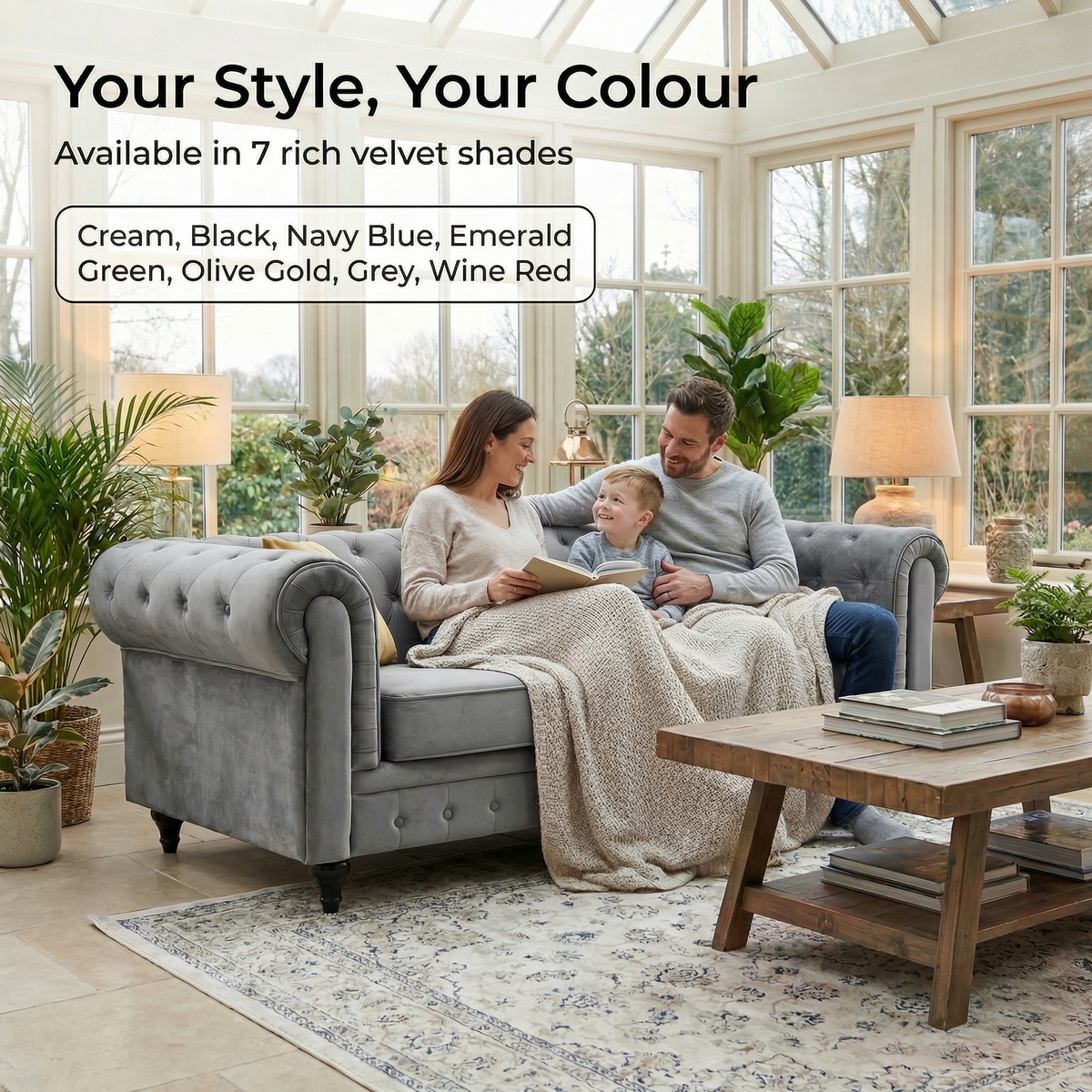 Chesterfield Velvet Sofa Set, Grey 2 and 3 Seater Sofas, Button Tufted Back, Scroll Arms and Solid Wood Frame