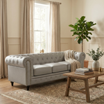 Chesterfield Grey Faux Leather Sofa, 3 Seater Settee with Rolled Arms, Button Back and Gold Studs