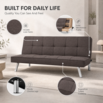 Britney Brown Click Clack Sofa Bed, 3 Seater Linen Blend Fabric Settee, Converts to Double Bed, Chrome Legs