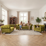 Chesterfield Velvet Sofa Suite, Olive Gold 3 Piece Set with Armchair, 2 Seater and 3 Seater Sofa, Button Back