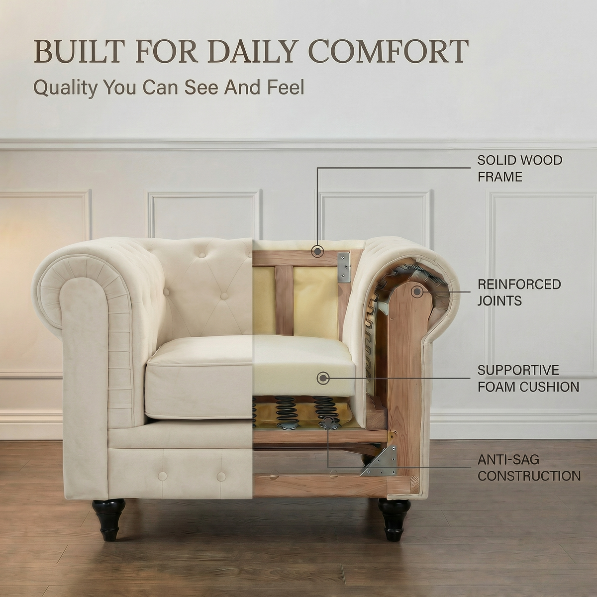Canapé Chesterfield en velours crème