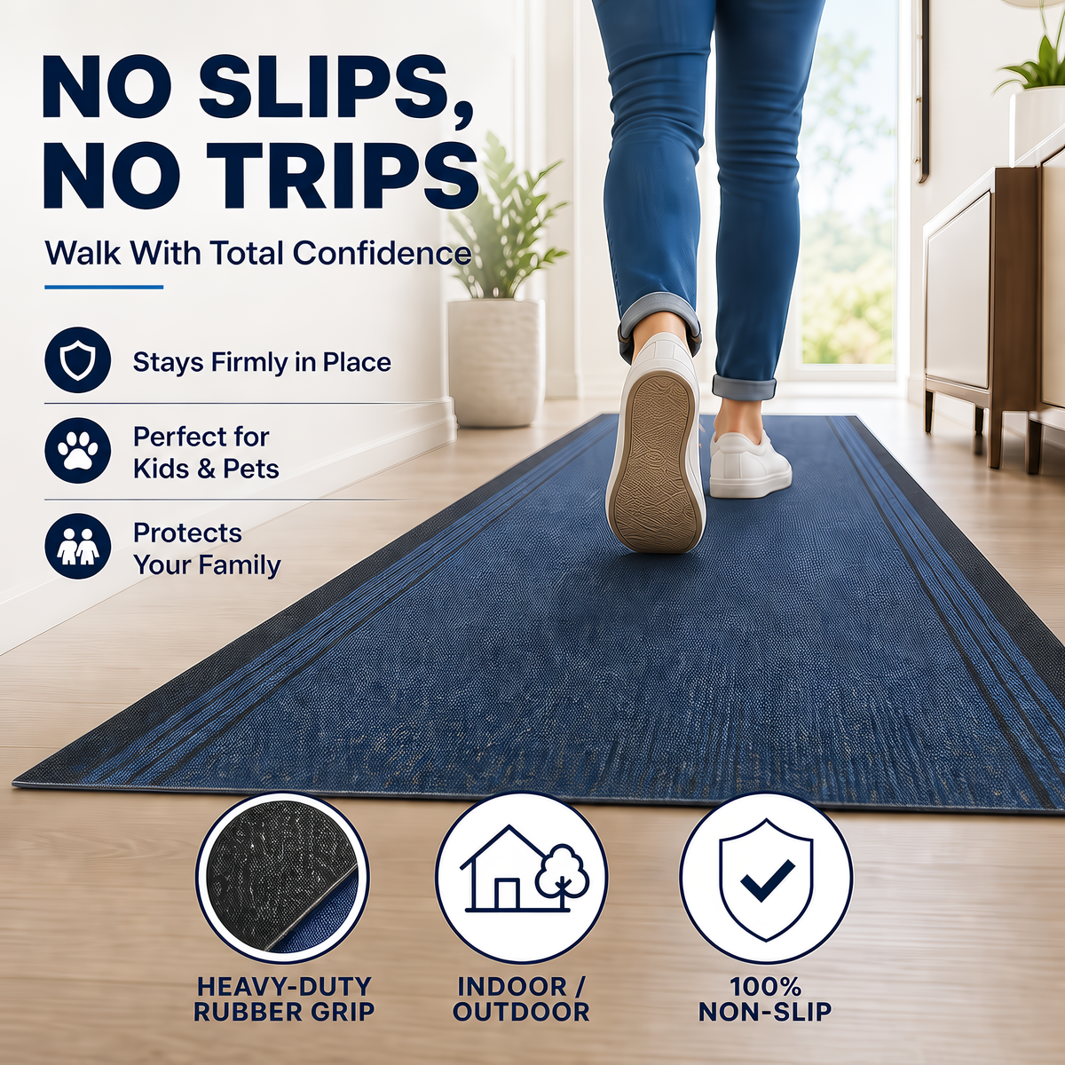 Sydney Blue Hallway Runner and Kitchen Mat, Non-Slip Rubber Backed Stair Runner, 66cm Wide, Washable, Lengths up to 30ft