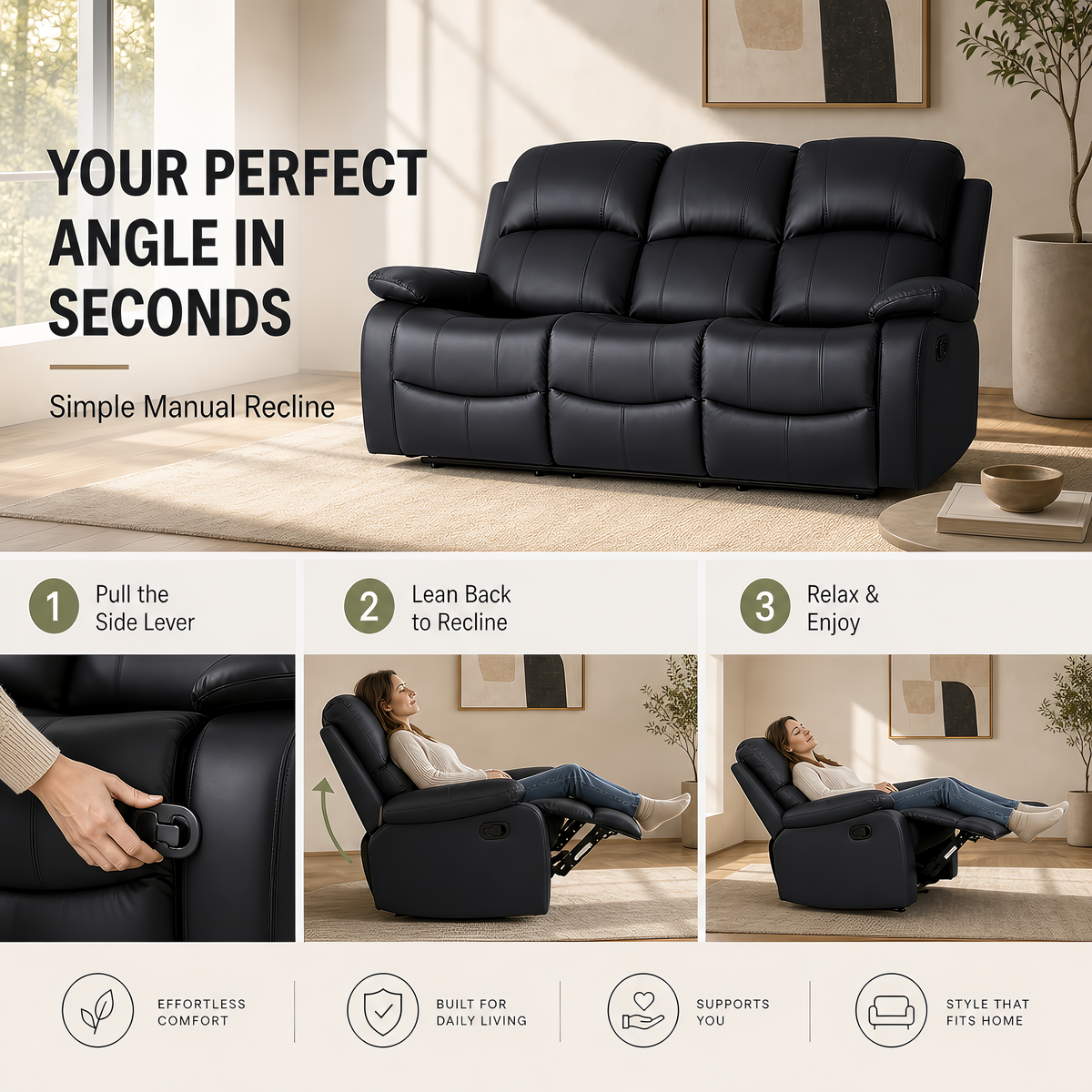 Recliner Sofa Set 2 and 3 Seater, Black Faux Leather, Manual Reclining Sofas with Footrests, Seats 5, Steel Frame