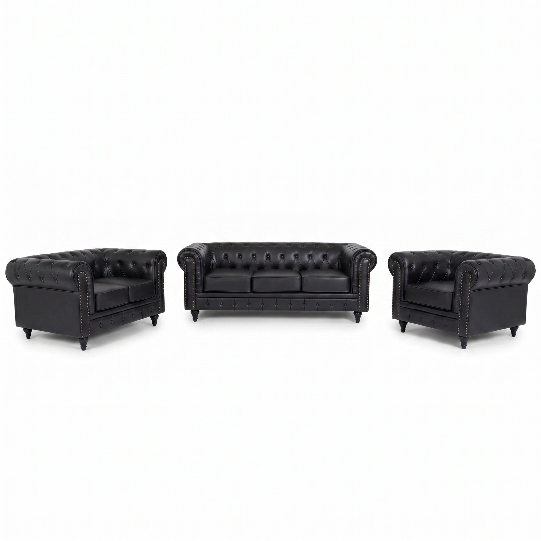 Chesterfield Black Faux Leather Sofa Suite, 3 Piece Set with 3 Seater, 2 Seater and Armchair, Gold Studs