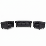Chesterfield Black Faux Leather Sofa Suite, 3 Piece Set with 3 Seater, 2 Seater and Armchair, Gold Studs