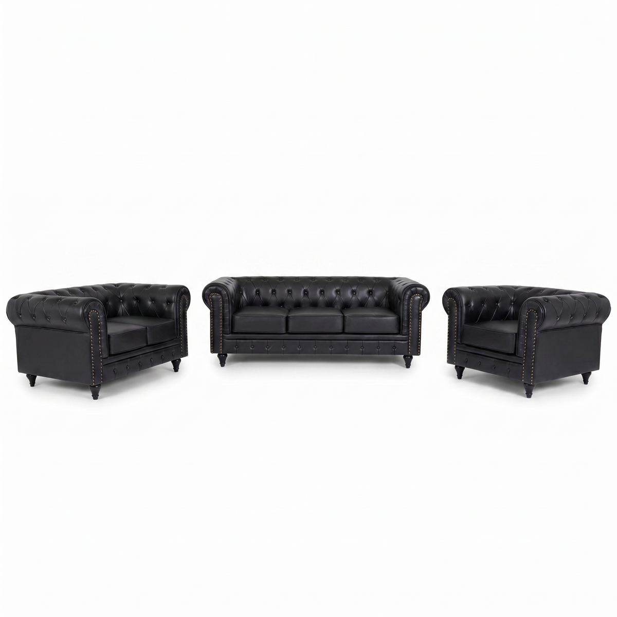 Chesterfield Black Faux Leather Sofa Suite, 3 Piece Set with 3 Seater, 2 Seater and Armchair, Gold Studs