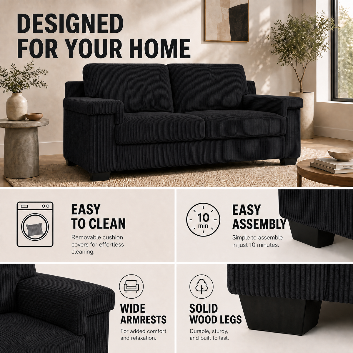 Enzo Black Corduroy Sofa, 2 Seater Fabric Settee with Adjustable Back, Thick Foam Cushions and Wooden Feet