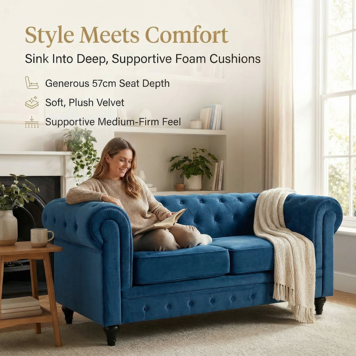 Chesterfield Velvet Sofa Suite, Navy Blue 3 Piece Set with Armchair, 2 Seater and 3 Seater Sofa, Button Back