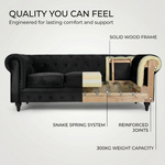 Chesterfield Velvet 2 and 3 Seater Sofa Set in Black, Button Tufted Settees with Scroll Arms, Solid Wood Frame