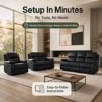Recliner Sofa Suite 3 Piece, Black Faux Leather, Armchair, 2 Seater and 3 Seater, Manual Recline with Footrests