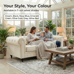 Chesterfield Velvet Sofa Set, Cream 2 and 3 Seater Sofas, Button Tufted Back, Scroll Arms and Solid Wood Frame