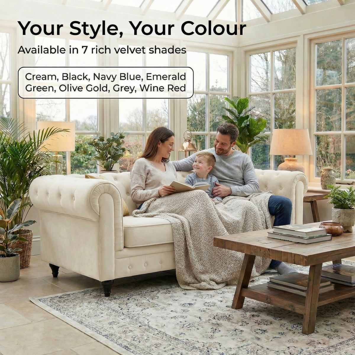 Chesterfield Velvet Sofa Set, Cream 2 and 3 Seater Sofas, Button Tufted Back, Scroll Arms and Solid Wood Frame