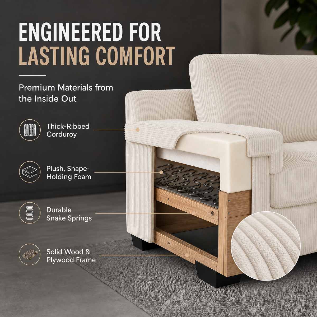 Enzo Cream Corduroy Sofa, 3 Seater Fabric Settee with Adjustable Back, Thick Foam Cushions and Wooden Feet