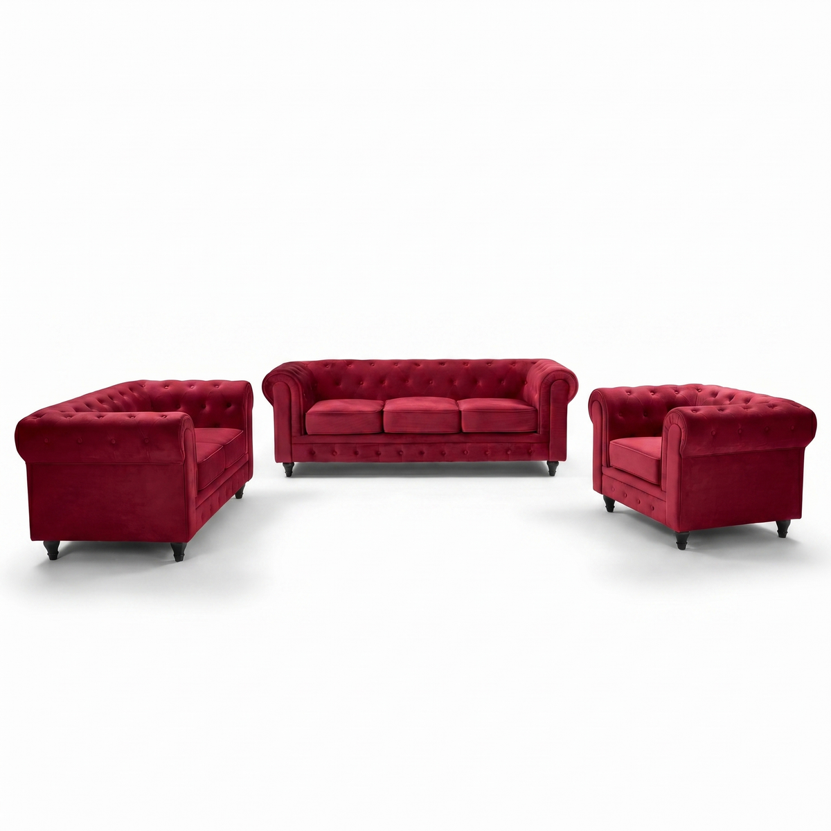 Chesterfield Velvet Sofa Suite, Red 3 Piece Set with Armchair, 2 Seater and 3 Seater Sofa, Button Back