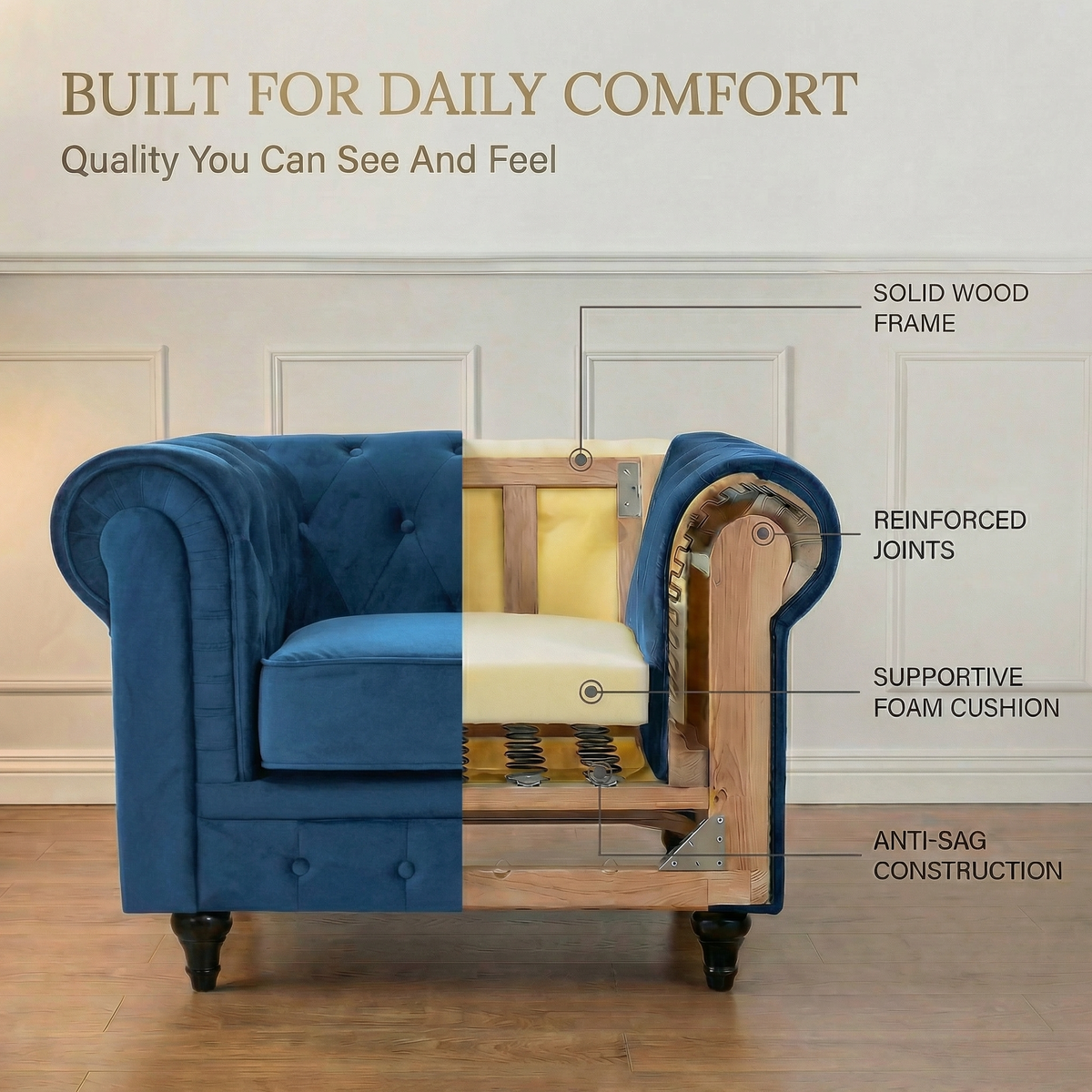 Canapé Chesterfield en velours bleu marine