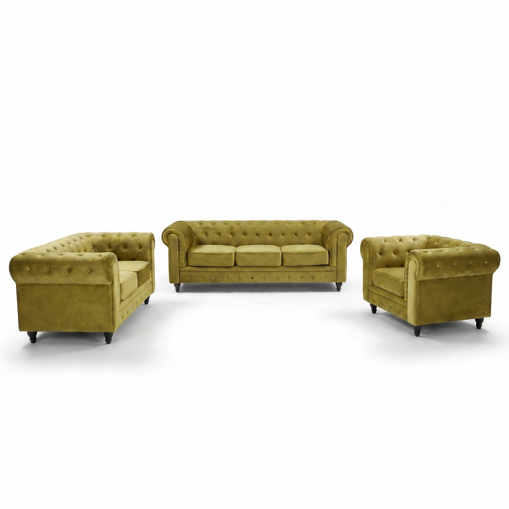 Chesterfield Velvet Sofa Suite, Olive Gold 3 Piece Set with Armchair, 2 Seater and 3 Seater Sofa, Button Back