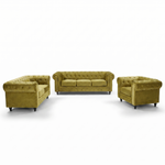 Chesterfield Velvet Sofa Suite, Olive Gold 3 Piece Set with Armchair, 2 Seater and 3 Seater Sofa, Button Back