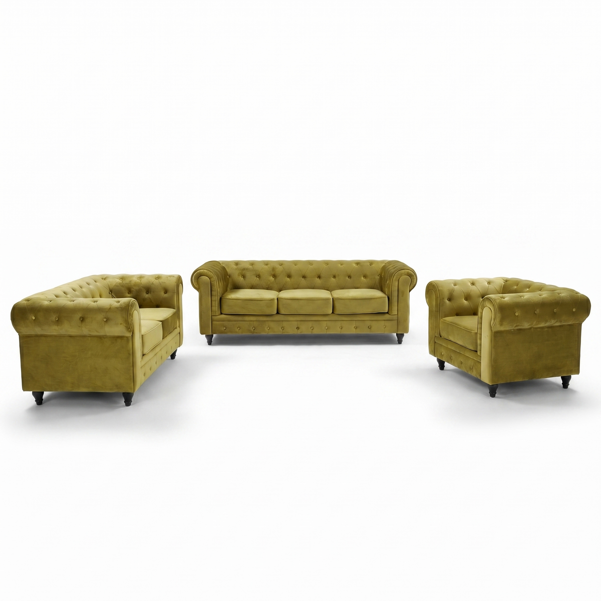 Chesterfield Velvet Sofa Suite, Olive Gold 3 Piece Set with Armchair, 2 Seater and 3 Seater Sofa, Button Back