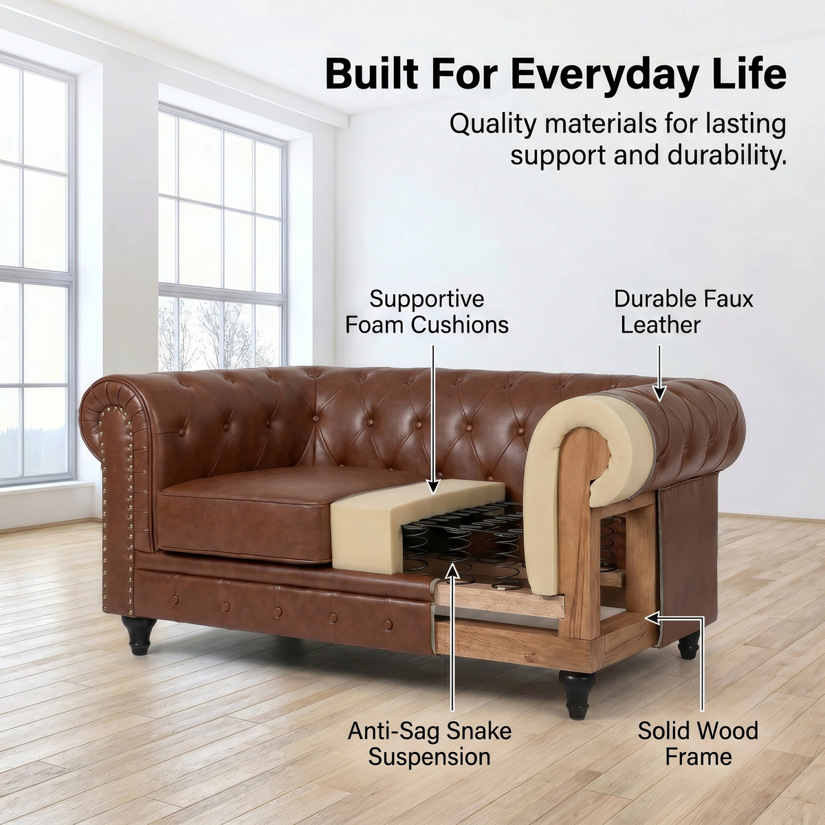Chesterfield Brown Faux Leather Sofa, 2 Seater Settee with Rolled Arms, Button Back and Gold Studs