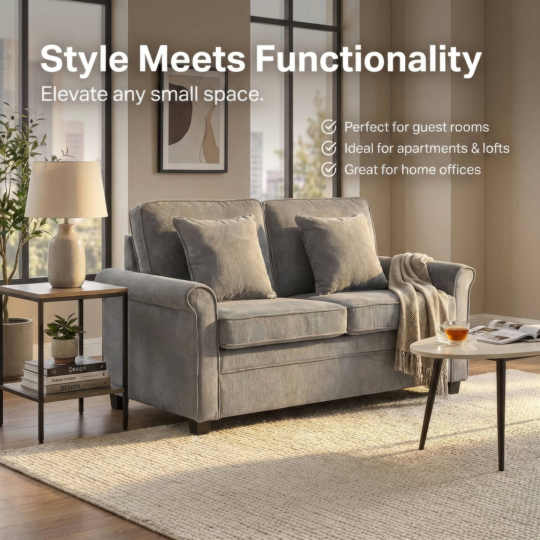 Ramy Single Sofa Bed | Grey Corduroy Fold Out Couch Bed with Memory Foam Mattress | Compact 2 Seater | Small Spaces