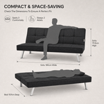 Britney Black Click Clack Sofa Bed, 3 Seater Linen Blend Fabric Settee, Converts to Double Bed, Chrome Legs