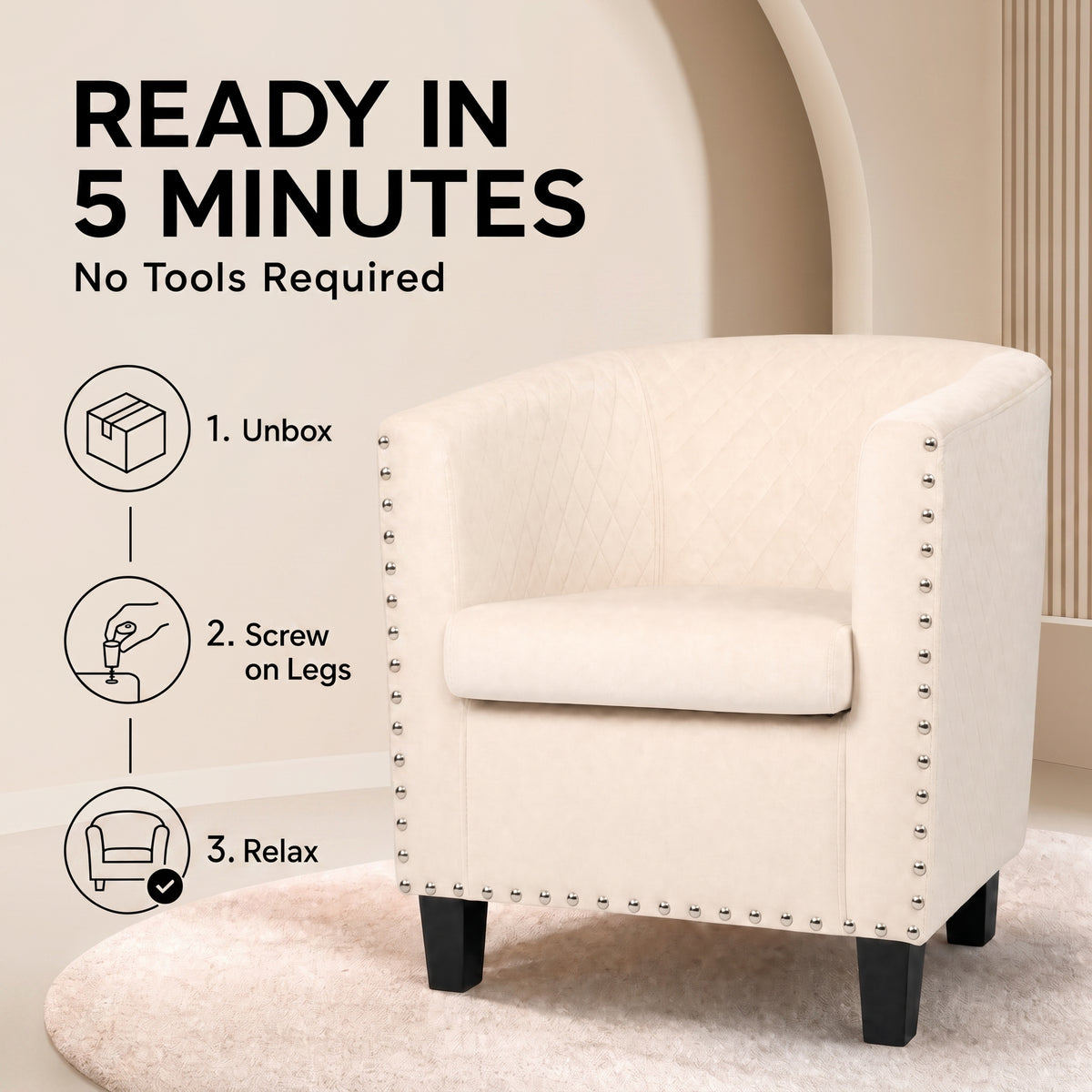Cream Velvet Tub Chair, Stilo Compact Accent Armchair with Tufted Back, Dressing Table and Bedroom Chair