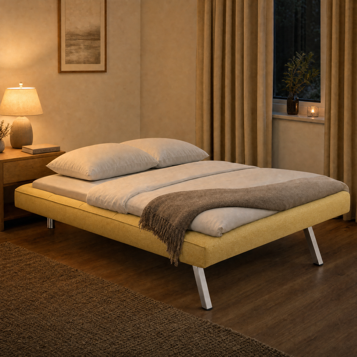 Britney Yellow Click Clack Sofa Bed, 3 Seater Linen Blend Fabric Settee, Converts to Double Bed, Chrome Legs