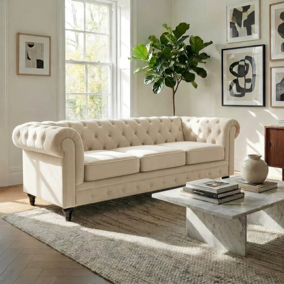 Chesterfield Velvet Sofa Set, Cream 2 and 3 Seater Sofas, Button Tufted Back, Scroll Arms and Solid Wood Frame
