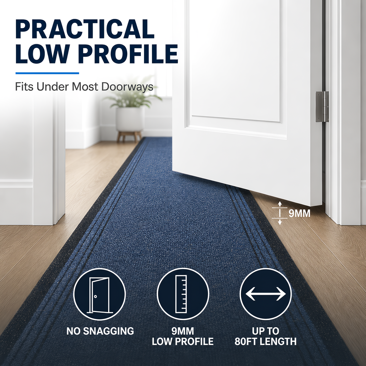Sydney Blue Hallway Runner and Kitchen Mat, Non-Slip Rubber Backed Stair Runner, 66cm Wide, Washable, Lengths up to 30ft