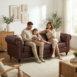 Chesterfield Brown Faux Leather Sofa Set, 2 and 3 Seater Settees with Rolled Arms, Button Backs and Gold Studs