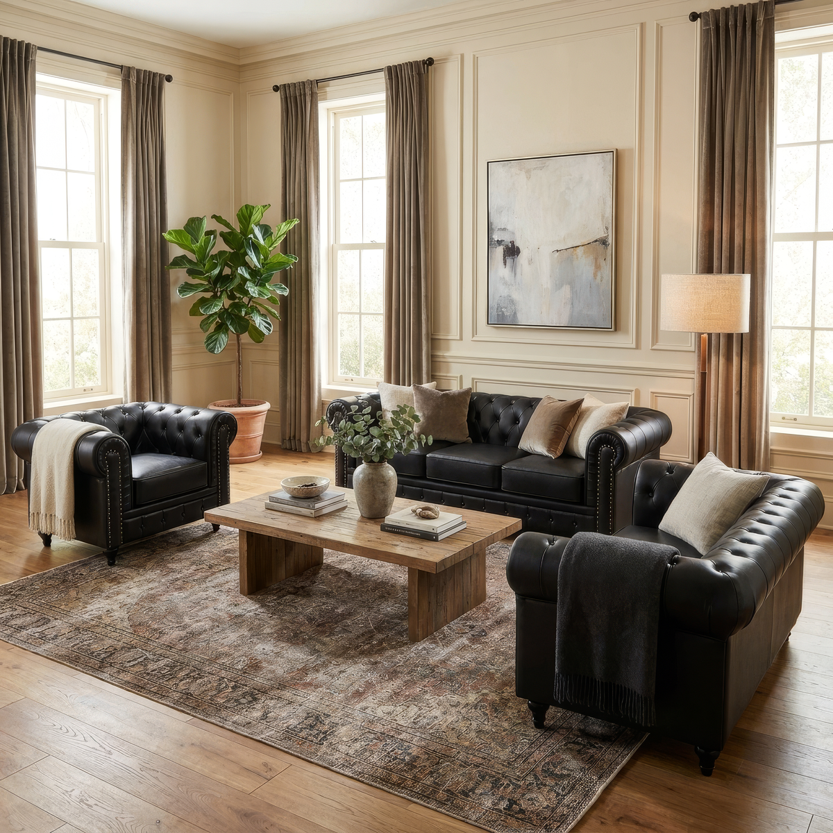 Chesterfield Black Faux Leather Sofa Set, 2 and 3 Seater Settees with Rolled Arms, Button Backs and Gold Studs