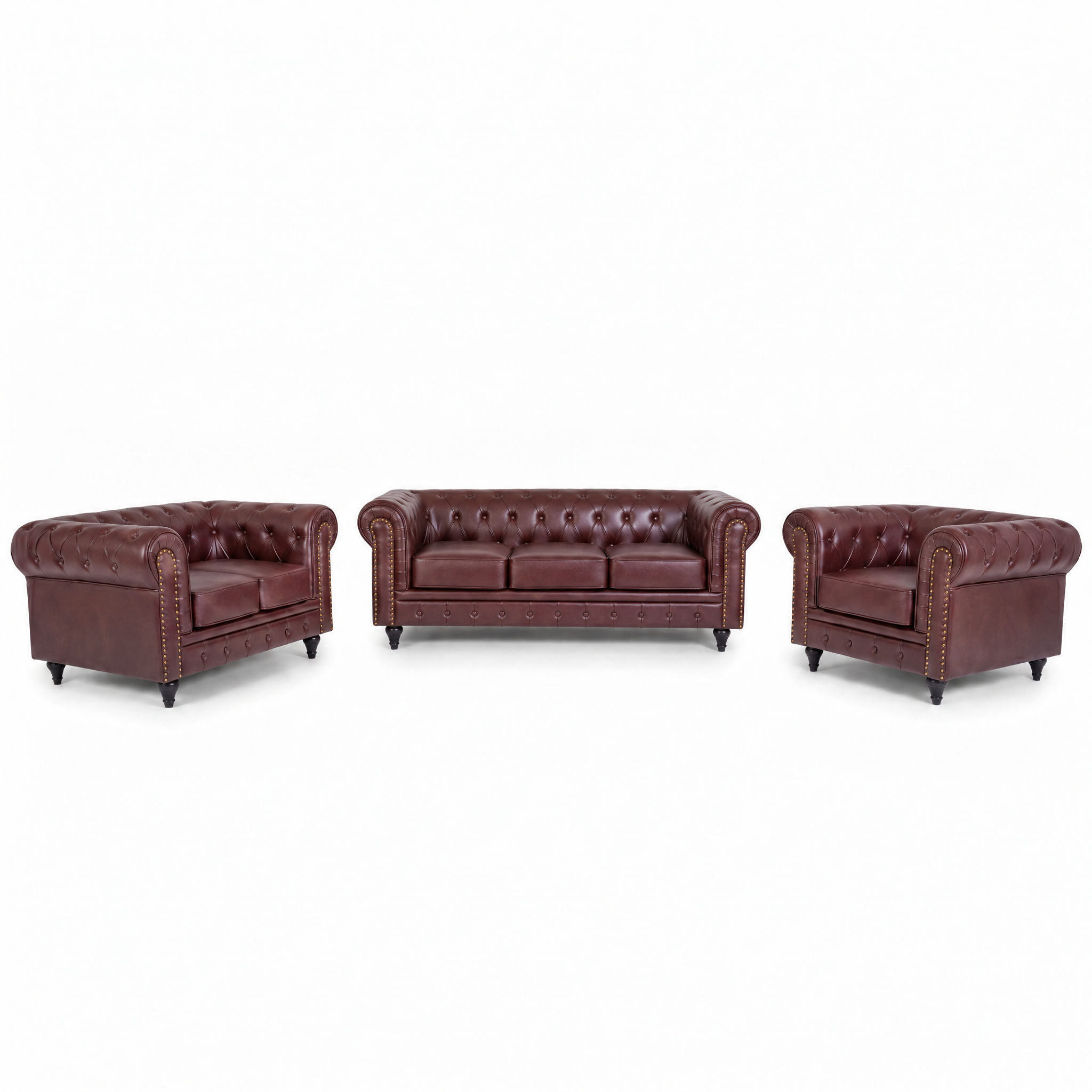 Chesterfield Brown Faux Leather Sofa Suite, 3 Piece Set with 3 Seater, 2 Seater and Armchair, Gold Studs