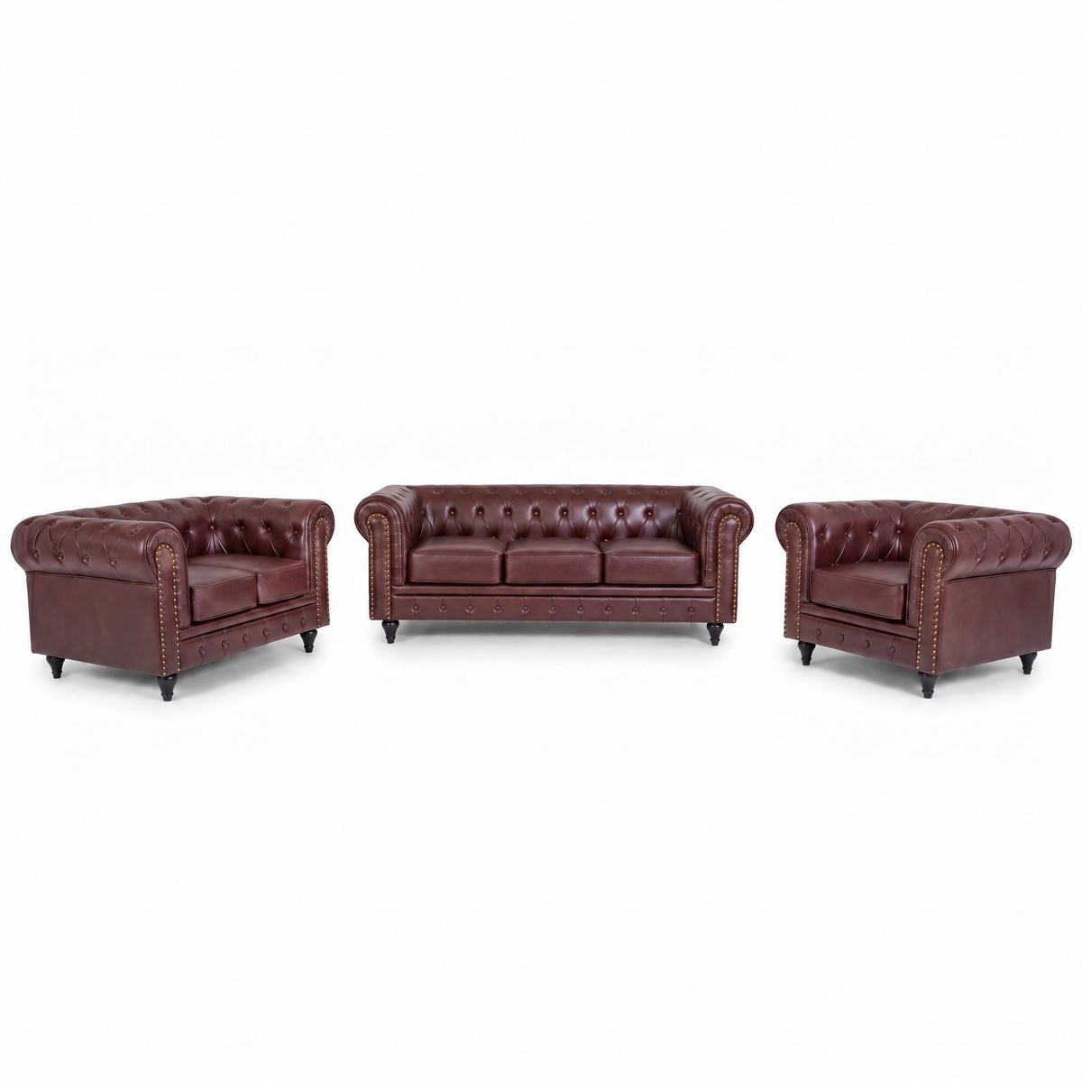 Chesterfield Brown Faux Leather Sofa Suite, 3 Piece Set with 3 Seater, 2 Seater and Armchair, Gold Studs