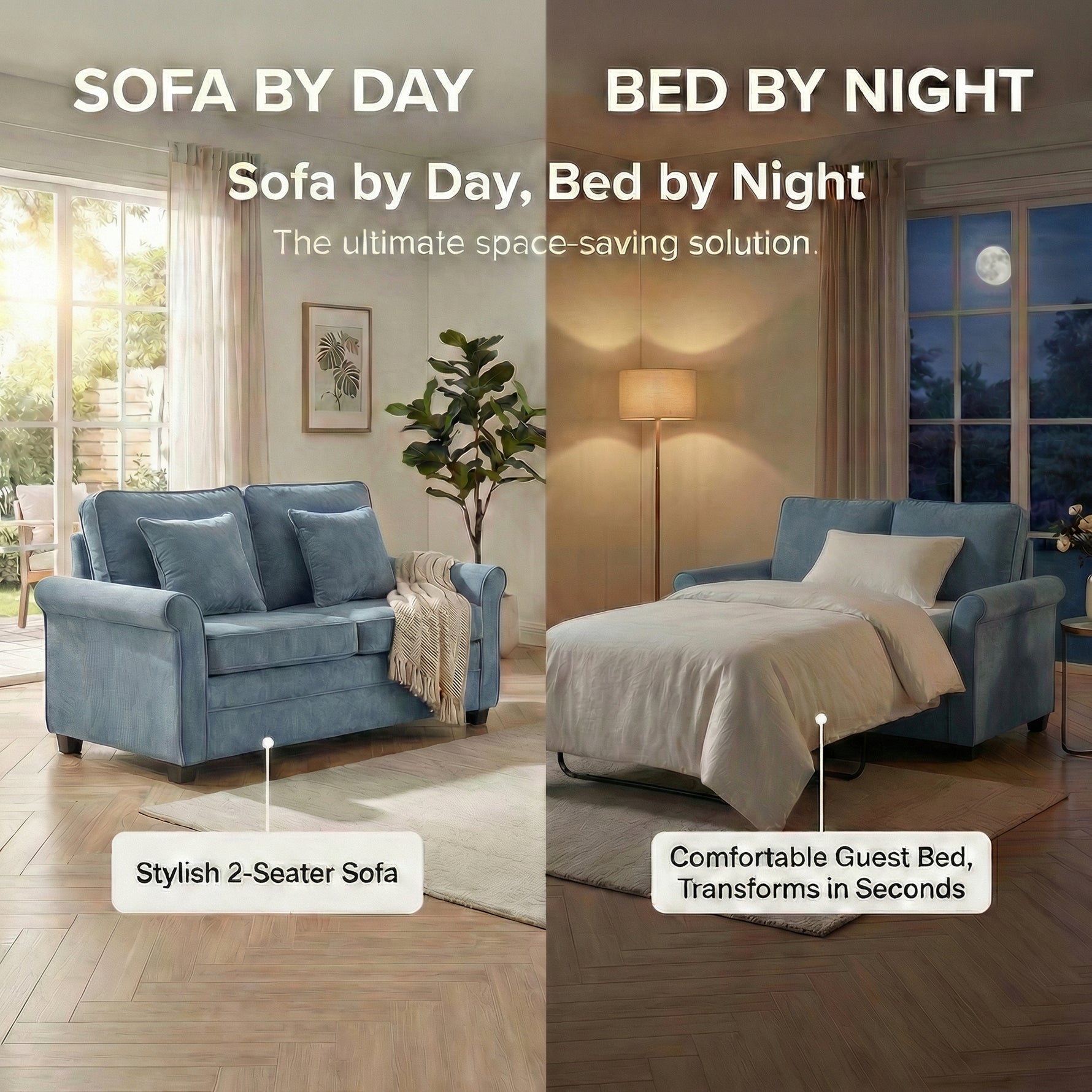 Canapé-lit 2 places Ramy en velours côtelé avec matelas dépliable - Bleu