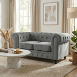Chesterfield Velvet 2 Seater Sofa in Grey, Button Tufted Settee with Scroll Arms and Solid Wood Frame