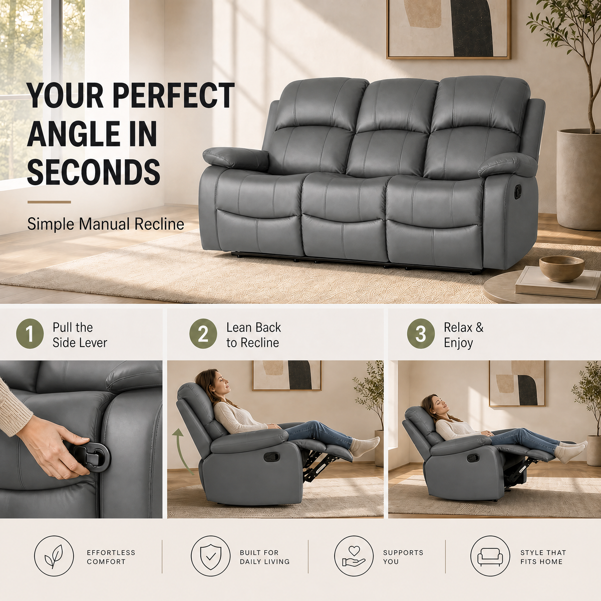Recliner Sofa 3 Seater, Charcoal Grey Faux Leather, Manual Reclining Settee with Pop-Out Footrests, Steel Frame
