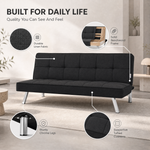 Britney Black Click Clack Sofa Bed, 3 Seater Linen Blend Fabric Settee, Converts to Double Bed, Chrome Legs