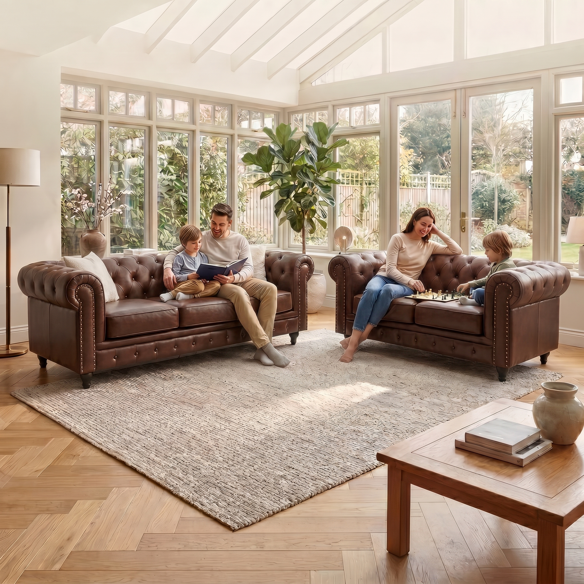 Chesterfield Brown Faux Leather Sofa Suite, 3 Piece Set with 3 Seater, 2 Seater and Armchair, Gold Studs