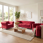 Chesterfield Velvet Sofa Suite, Red 3 Piece Set with Armchair, 2 Seater and 3 Seater Sofa, Button Back