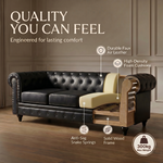 Chesterfield Black Faux Leather Sofa, 3 Seater Settee with Rolled Arms, Button Back and Gold Studs
