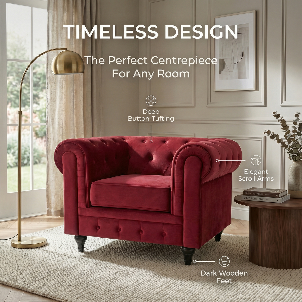 Canapé Chesterfield en velours rouge vin