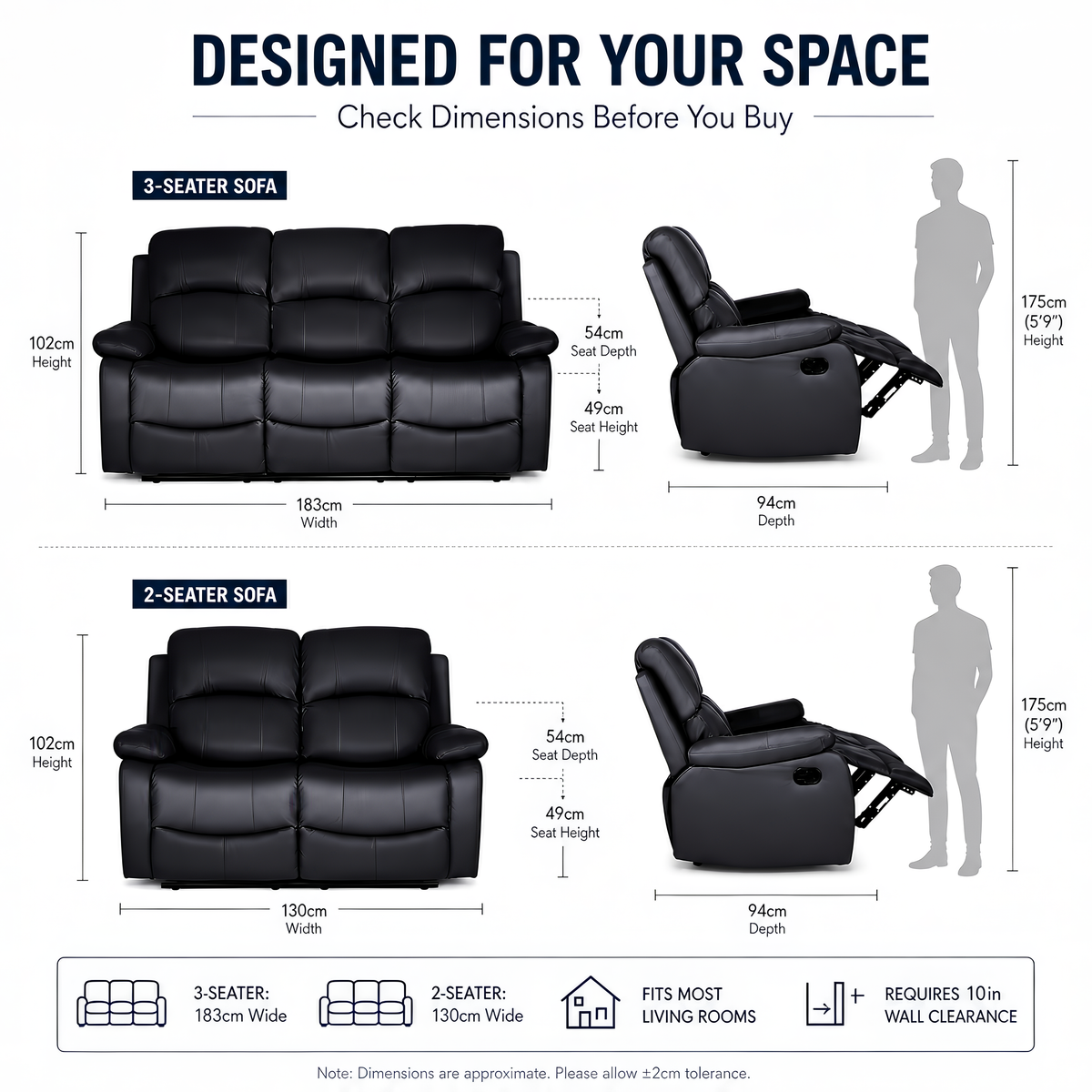 Recliner Sofa Set 2 and 3 Seater, Black Faux Leather, Manual Reclining Sofas with Footrests, Seats 5, Steel Frame