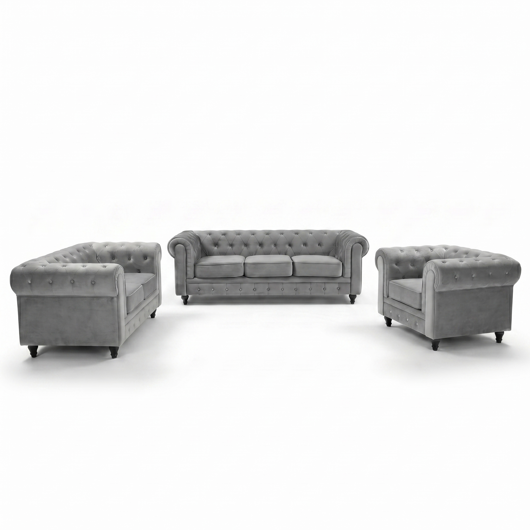 Chesterfield Velvet Sofa Suite, Grey, 3 Piece Set with Armchair, 2 Seater and 3 Seater, Button Back