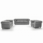 Chesterfield Velvet Sofa Suite, Grey, 3 Piece Set with Armchair, 2 Seater and 3 Seater, Button Back