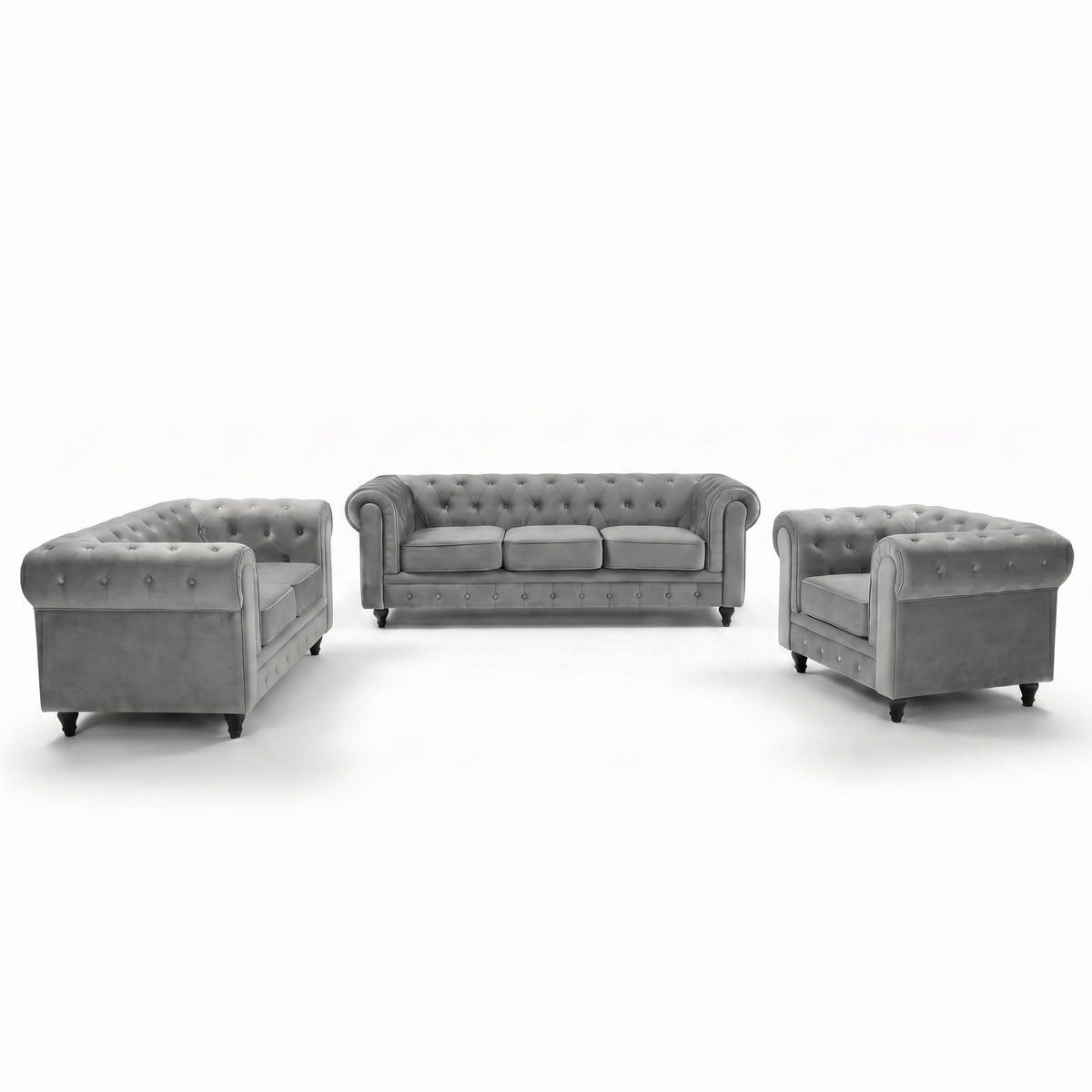 Chesterfield Velvet Sofa Suite, Grey, 3 Piece Set with Armchair, 2 Seater and 3 Seater, Button Back