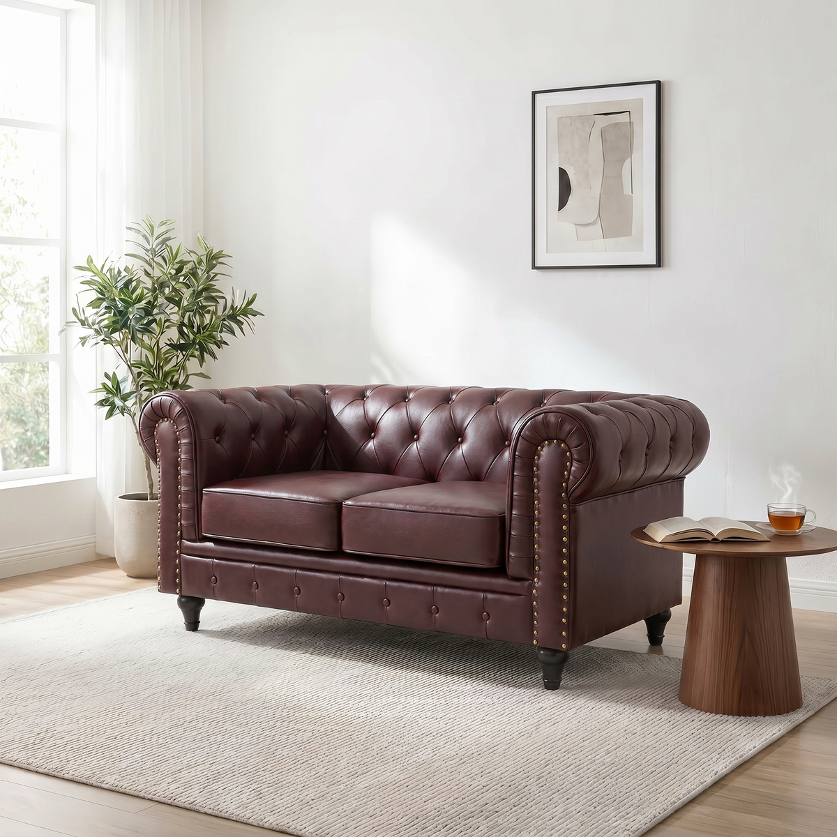 Chesterfield Brown Faux Leather Sofa Set, 2 and 3 Seater Settees with Rolled Arms, Button Backs and Gold Studs