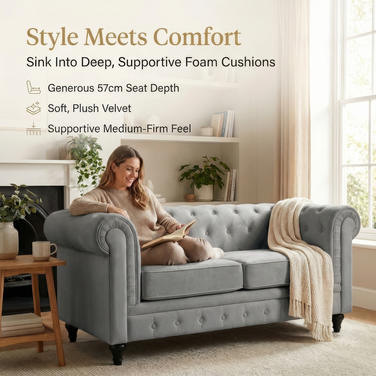Chesterfield Velvet Sofa Suite, Grey, 3 Piece Set with Armchair, 2 Seater and 3 Seater, Button Back