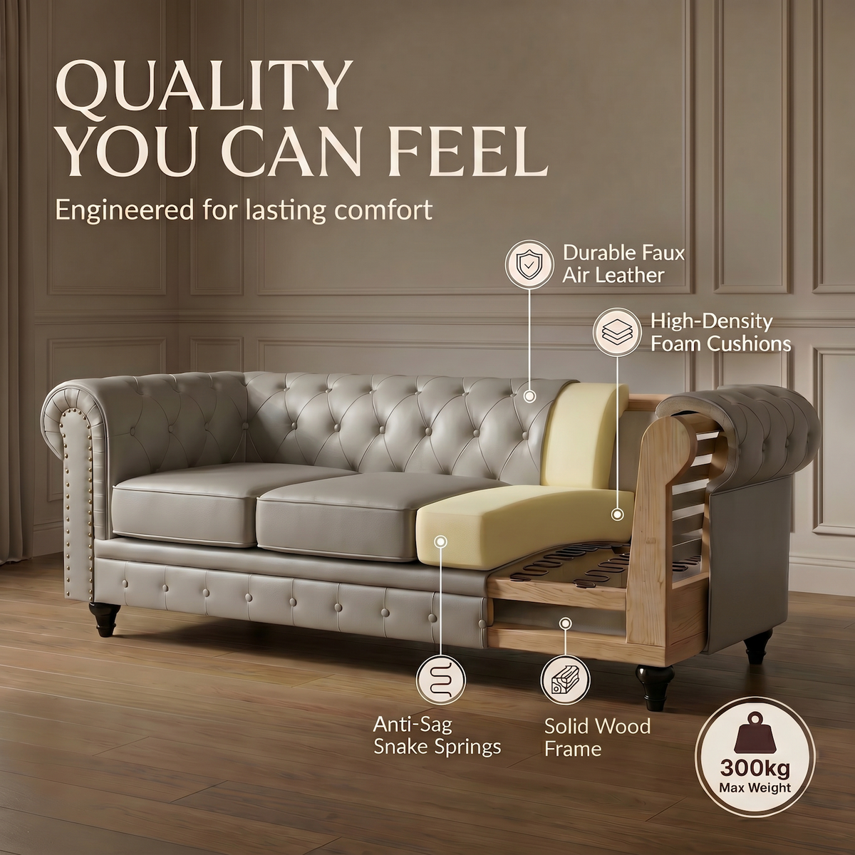 Chesterfield Grey Faux Leather Sofa Set, 2 and 3 Seater Settees with Rolled Arms, Button Backs and Gold Studs