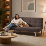 Britney Brown Click Clack Sofa Bed, 3 Seater Linen Blend Fabric Settee, Converts to Double Bed, Chrome Legs