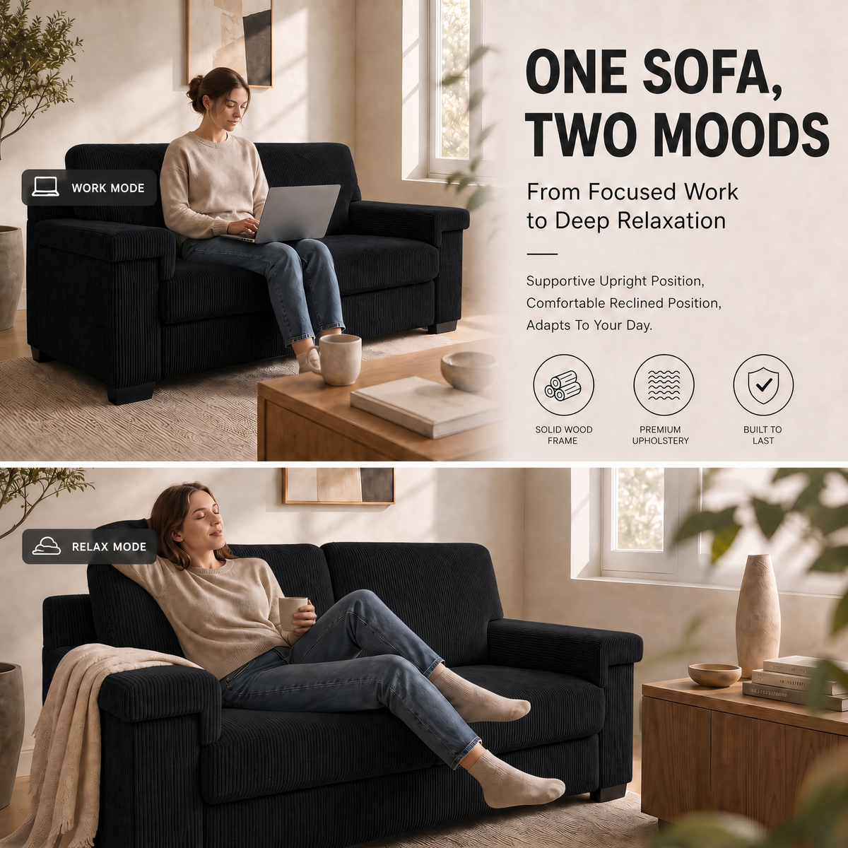 Enzo Corduroy Sofa Set, Black 2 and 3 Seater Sofas with Adjustable Backs, Foam Cushions and Solid Wood Frame